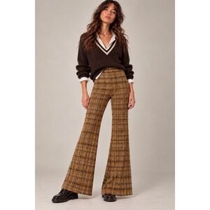 Selfie Mustard Yellow Plaid High Waist Flare Leg Pant Brown Large Preppy Grunge